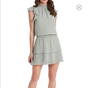 Smocked Mock Neck Flutter Cap Sleeve Dress